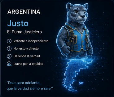 Argentina: Justo, puma justiciero sin bandera en el personaje, flotando sobre el mapa de Argentina