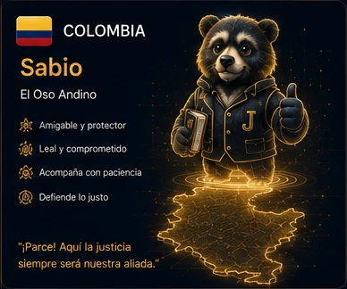 Colombia: Sabio, oso andino protector, flotando sobre el mapa de Colombia
