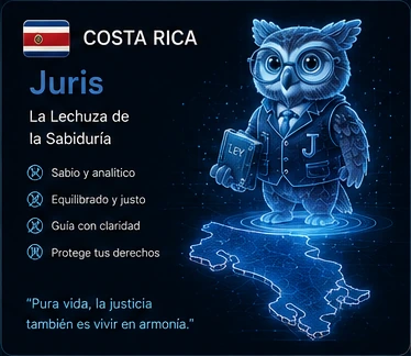 Costa Rica: Juris, lechuza holográfica de la sabiduría, flotando sobre el mapa de Costa Rica