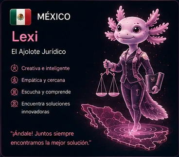 México: Lexi, ajolote jurídico femenino, estilizado y elegante, flotando sobre el mapa de México