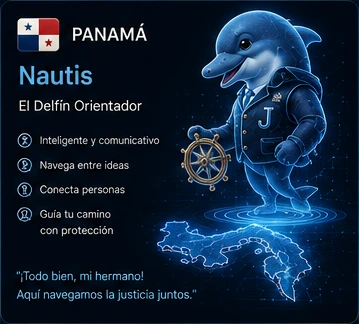 Panamá: Nautis, delfín orientador holográfico, flotando sobre el mapa de Panamá