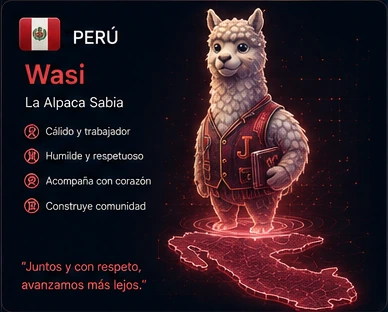 Perú: Wasi, alpaca sabia y solidaria, flotando sobre el mapa de Perú